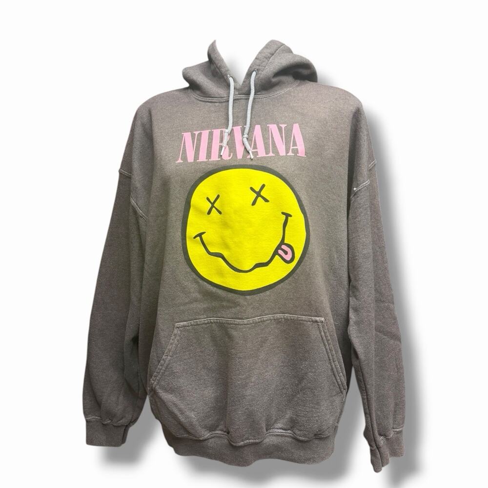 Nirvana Hoodie Sweatshirt Gray Band 90s Smiley Face Grunge Rock Size Large